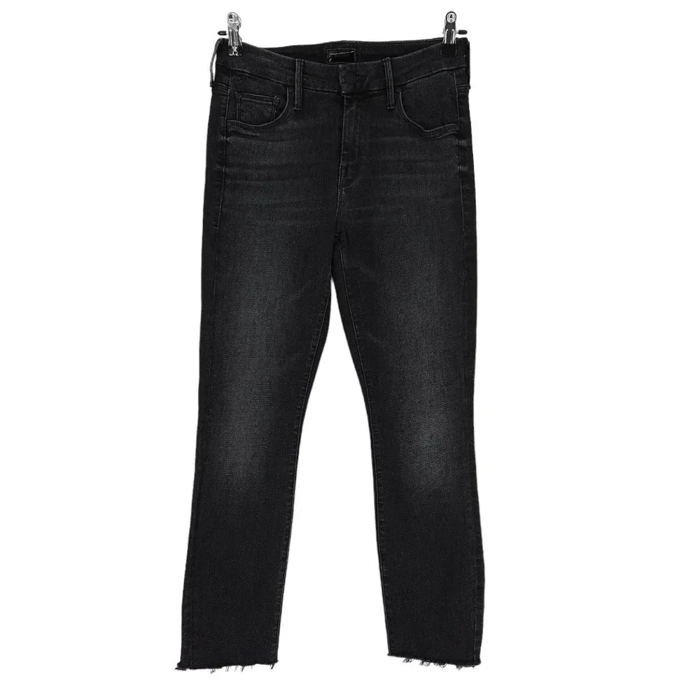 MOTHER The Looker Cropped Jeans Night Hawk Black Mid Rise Raw Hem Denim 25